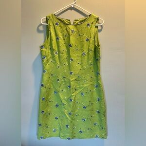 Coldwater Creek Lime Green Linen Embroidered Floral Mini Dress
